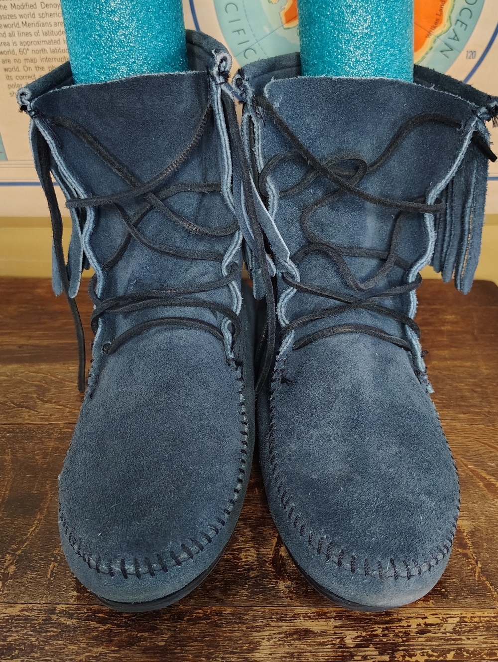 Minnetonka Teal Suede Moccasin Boots with Lace-Up Front